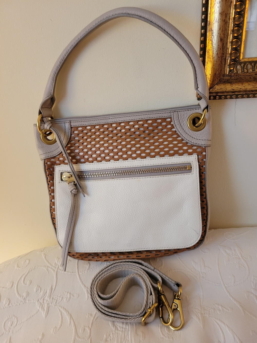 Fossil White and GrayWoven Leather Shoulder Bag with Detachable Strap
